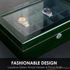 Watch Box for Men 10 Watches Storage Organizer Case, Smart Watch Display, Green Wood with Soft Suede Interior, Large Glass Window, Gift for Women and Man (10W-GR)