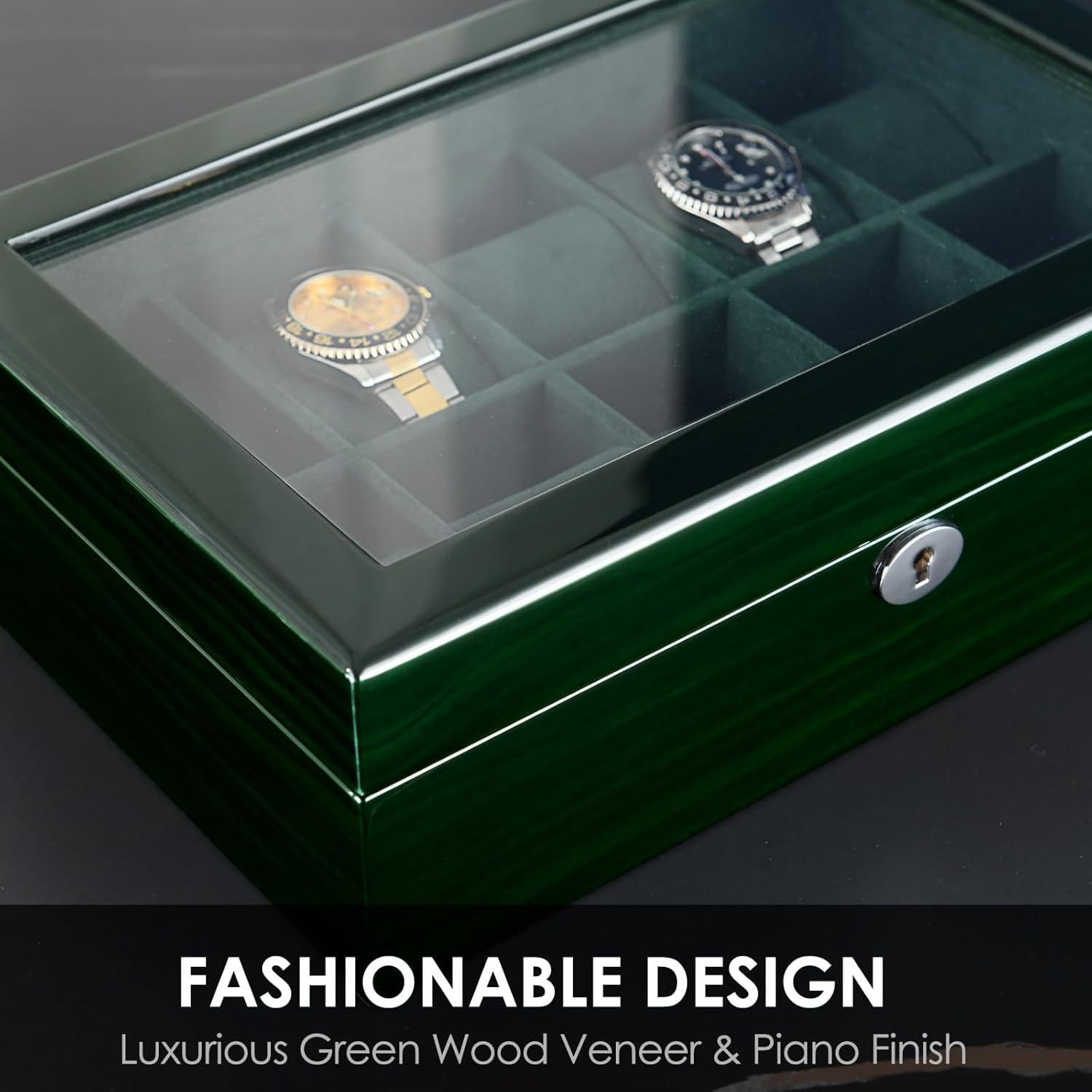 Watch Box for Men 10 Watches Storage Organizer Case, Smart Watch Display, Green Wood with Soft Suede Interior, Large Glass Window, Gift for Women and Man (10W-GR)