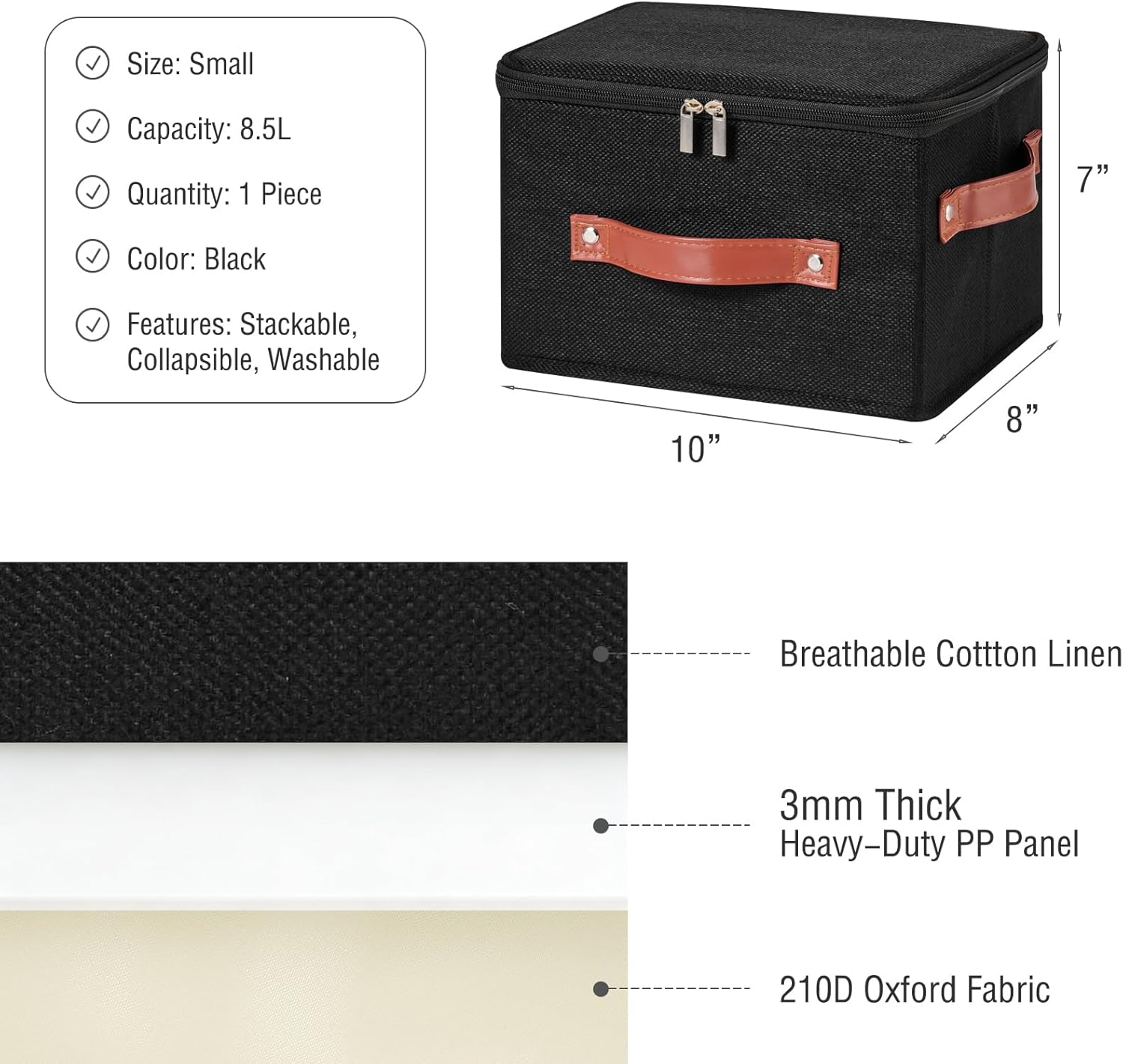 Storage Bin Box with Zippered Lid Decorative Collapsible Basket | Cotton Linen Fabric, Washable Foldable Stackable Clothes Container, Closet Shelf Organizer w/ PU Leather Handles, Black-Small