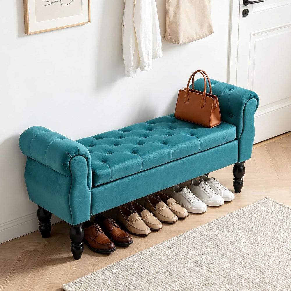 47″ Storage Bench with Arms End of Bed Bench,Velvet Entryway Bench with Stora...