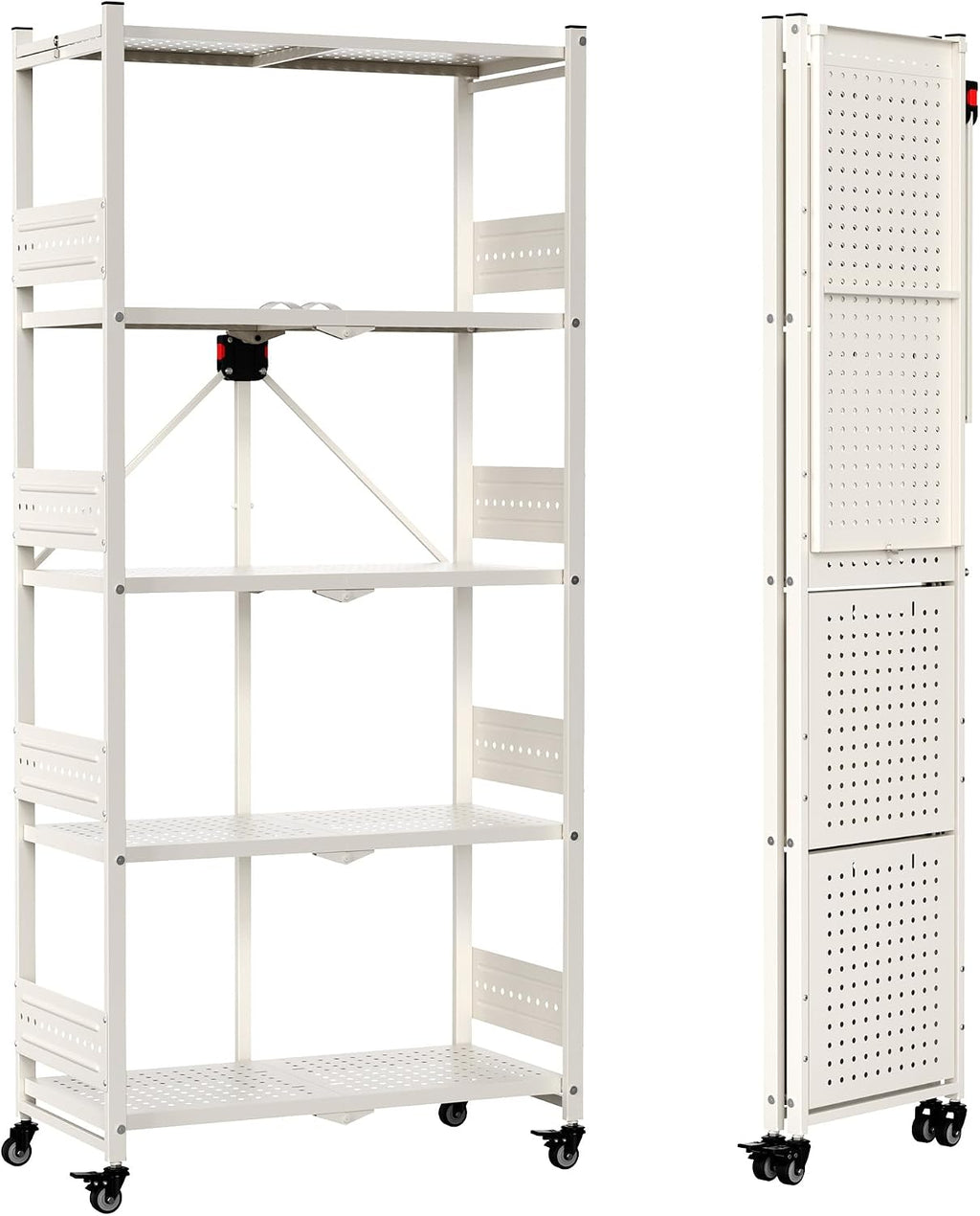 WORKPRO 5-Tier Folding Shelf, No-Assembly Metal Storage Rack with Wheels, 750 lbs Capacity (with Leveling Feet), Collapsible Shelving Unit for Kitchen, Pantry, Closet & Craft Shows - White