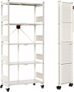 WORKPRO 5-Tier Folding Shelf, No-Assembly Metal Storage Rack with Wheels, 750 lbs Capacity (with Leveling Feet), Collapsible Shelving Unit for Kitchen, Pantry, Closet & Craft Shows - White