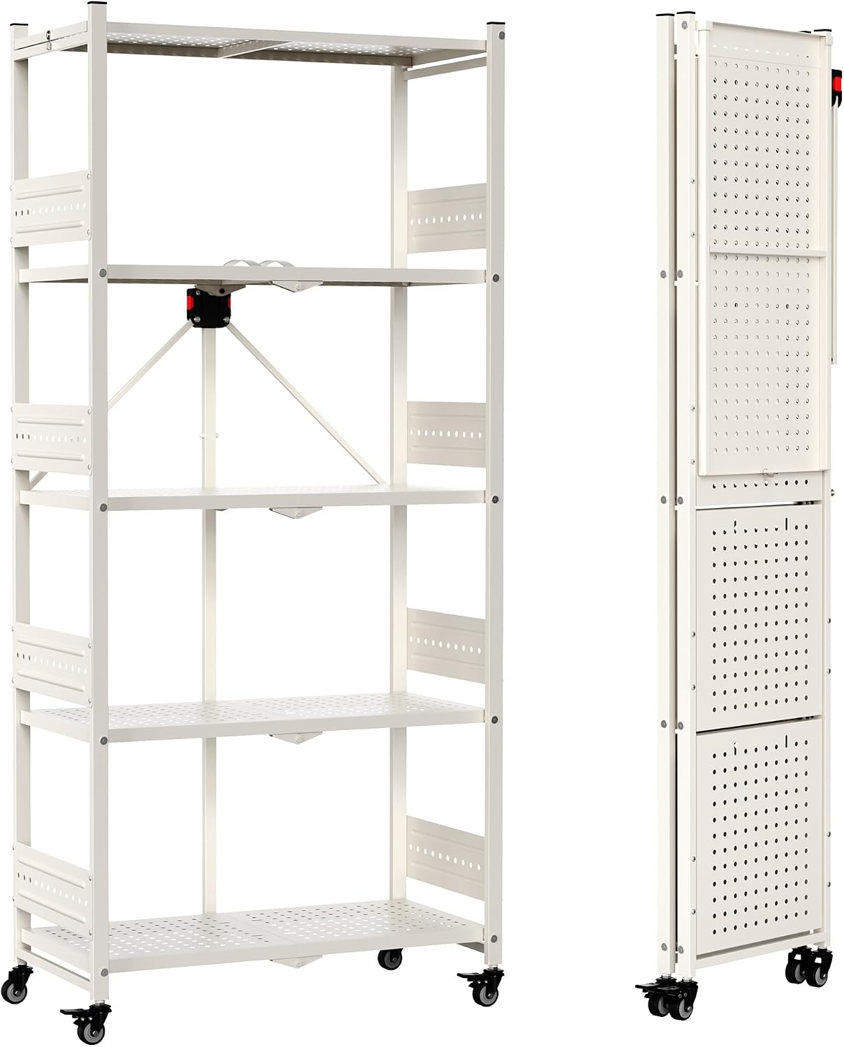 WORKPRO 5-Tier Folding Shelf, No-Assembly Metal Storage Rack with Wheels, 750 lbs Capacity (with Leveling Feet), Collapsible Shelving Unit for Kitchen, Pantry, Closet & Craft Shows - White