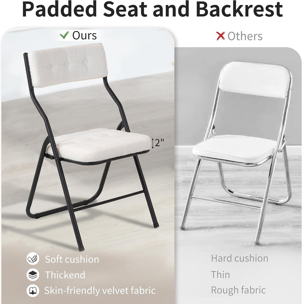 HOMEFUN Padded Folding Chairs 4 Pack - Foldable Dining Chair with Cushion, Portable and Assembled Extra Seat for Guests Kitchen Office Wedding Party Teddy White