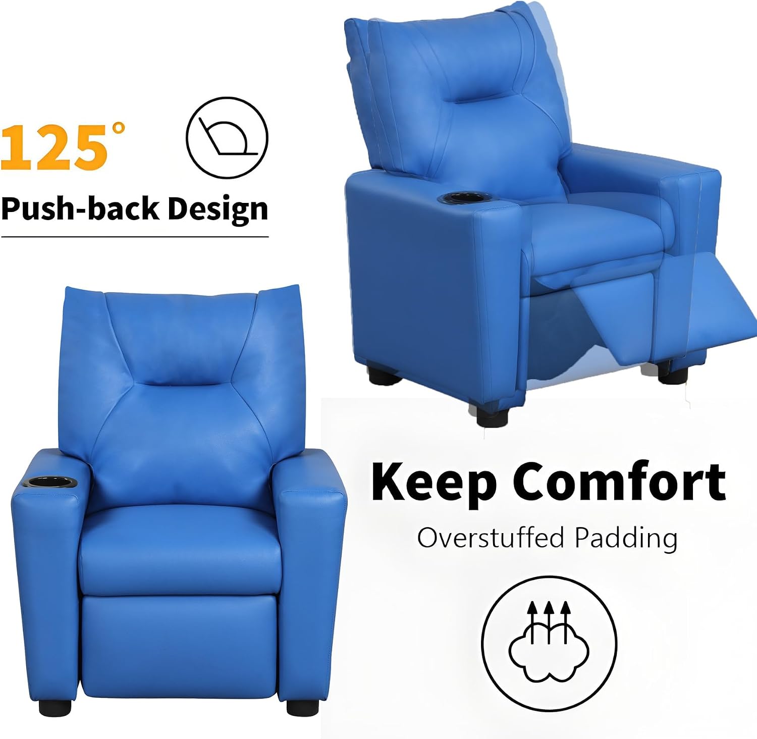 Kids Recliner Chair w/ Cup Holder, Toddler Recliner Chair Ages 1-4, 2-in-1 PU Leather Single Sofa for Boys/Girls, Kids Lazy Boy Chairs, Upholstered Armchair, Adjustable Backrest & Footrest (Blue-NEW)