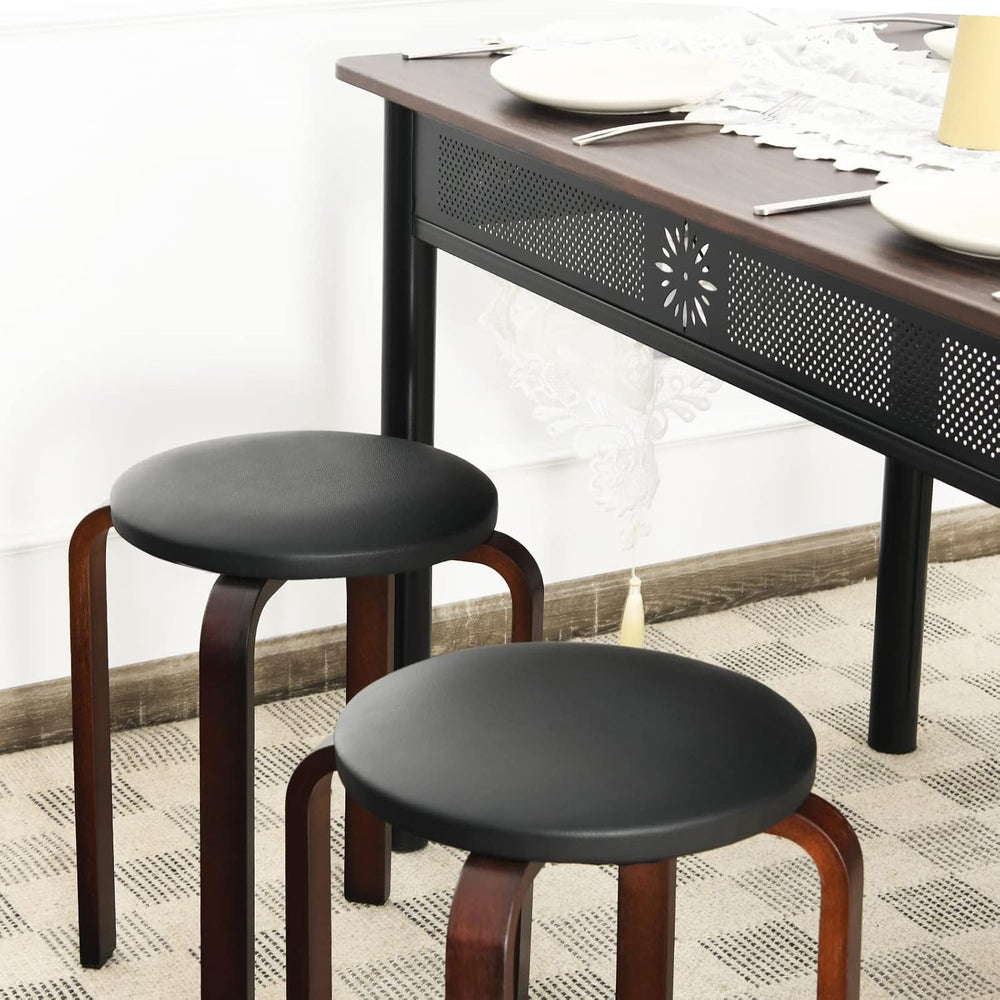 Round Wooden Stools, 4 Sets Stackable Wood Bar stools w/Cushioned Seat, Non-S...