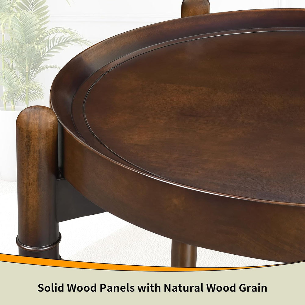 23" Round End Table with Solid Wood Frame, Small Side Table with Wood Sh...