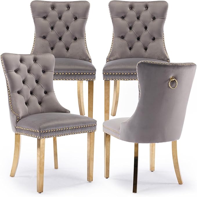 Velvet Upholstered Dining Chairs Set of 4, Modern Style Kitchen Side Chairs with Nailhead Trim and Gold Plated Leg, Metal Pulling Ring for Dining Room Living Room(Gery-Gold Plated Leg)