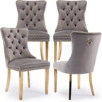 Velvet Upholstered Dining Chairs Set of 4, Modern Style Kitchen Side Chairs with Nailhead Trim and Gold Plated Leg, Metal Pulling Ring for Dining Room Living Room(Gery-Gold Plated Leg)