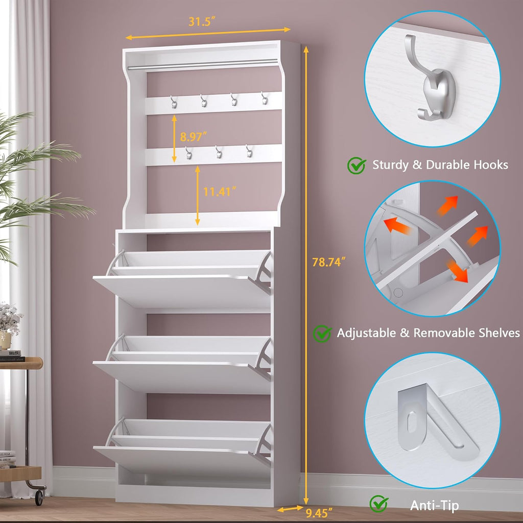 Shoe Cabinet with 3 Flip Drawers & Coat Rack, Narrow Hidden Shoe Storage Cabinet, 2-in-1 Hall Tree Slim Freestanding Shoe Rack Organizer for Entryway, Hallway, and Living Room