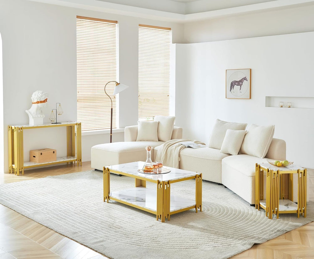 3 Piece Living Room Table Set, Faux Marble Coffee Table, Console Table and En...