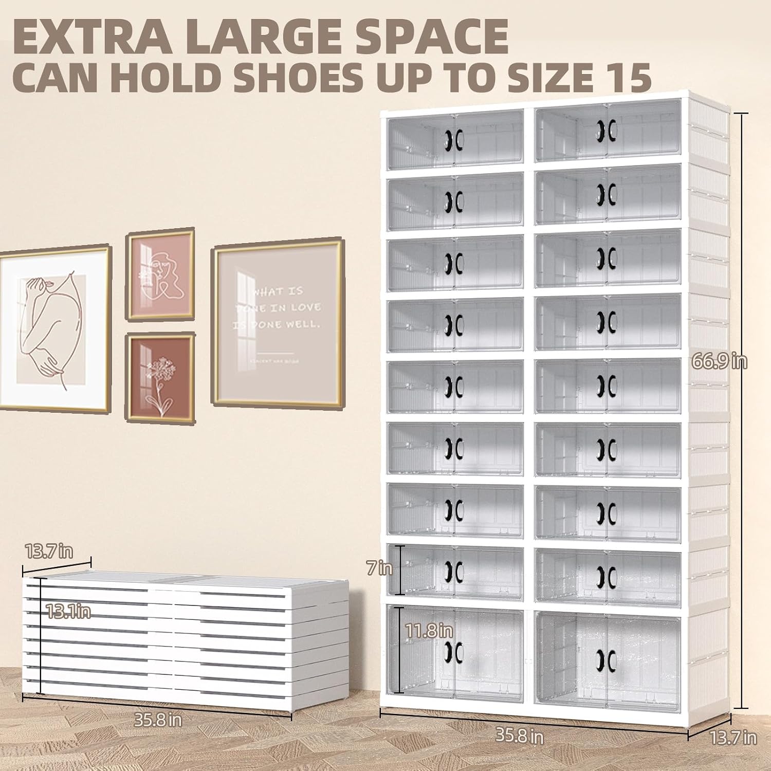 FAHKNS 9 Tier 36 Pair Folding Shoe Rack with Wheels and Magnetic Doors,Stackable Transparent Shoe Cabinet Shoe Organizer Storage for Closet Entryway Bedroom