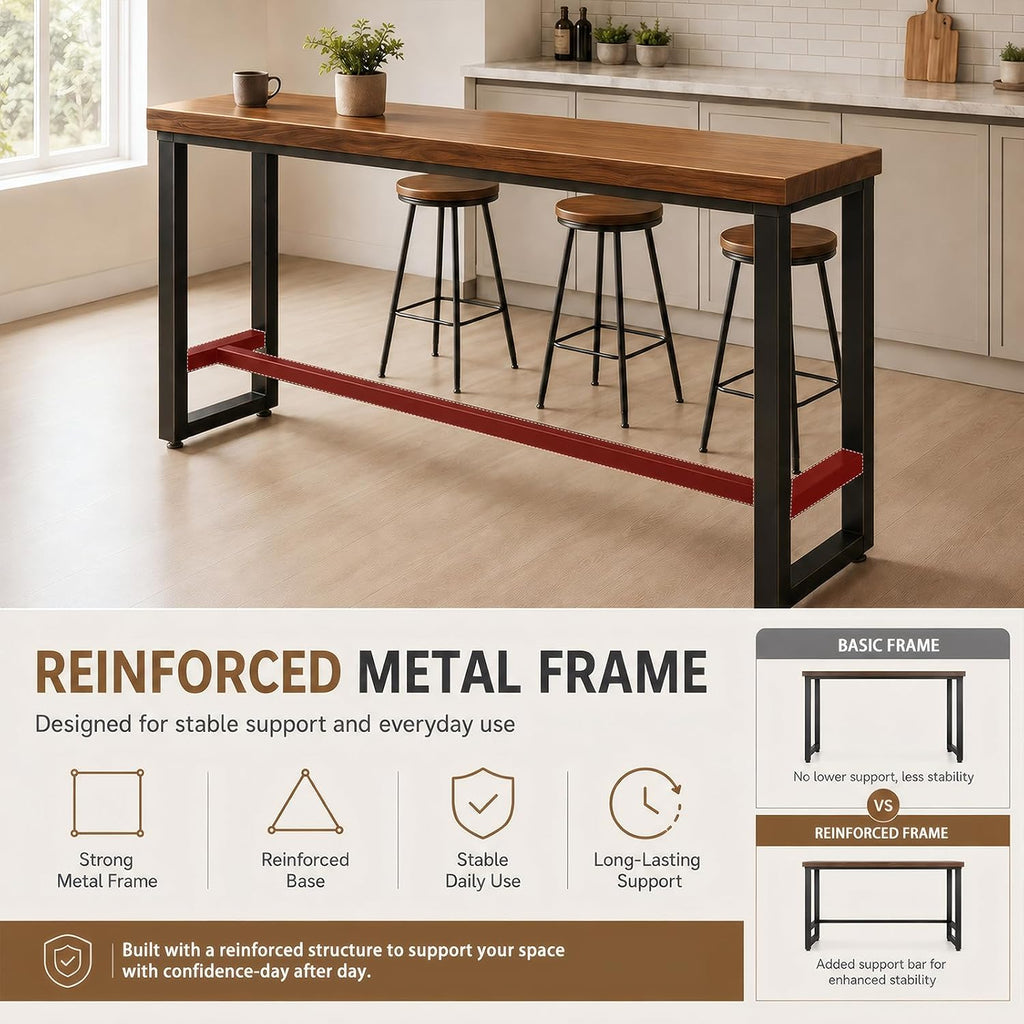 86.6" Solid Wood Bar Height Table - Long Narrow High Top Pub Table with 2" Thick Pine Top & Metal Legs, Farmhouse Counter Height for Kitchen, Breakfast Nook, Coffee Shop, No Stool