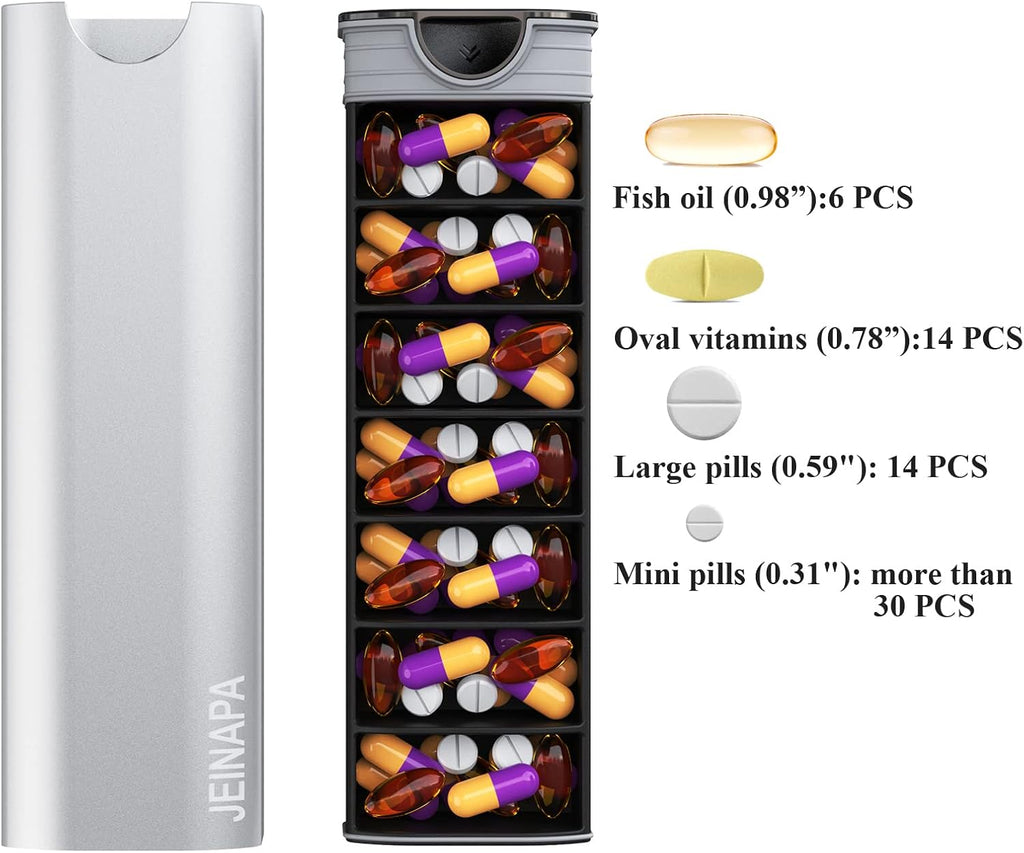 Extra Large Pill Organizer 7 Day, Aluminum Daily Pill Box, Weekly Travel Pill Case, Cute Pill Holder to Hold Vitamins, Medicines, Pills, Supplements