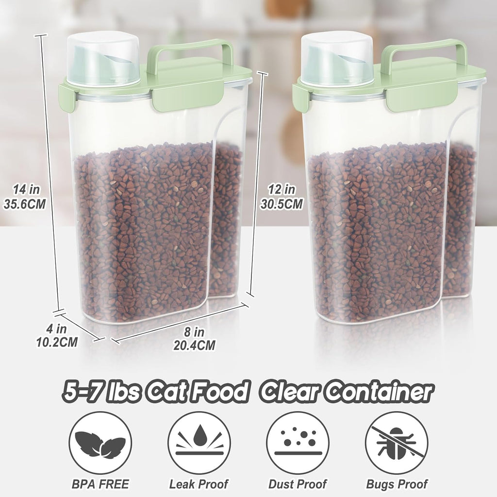 5-7Lbs Dog Cat Food Storage Container with Upgraded Large Nozzle BPA-free, 4 Snap Seals Plastic Pet Food Storage Containers with Handles (Light Green, 5L-3pack)