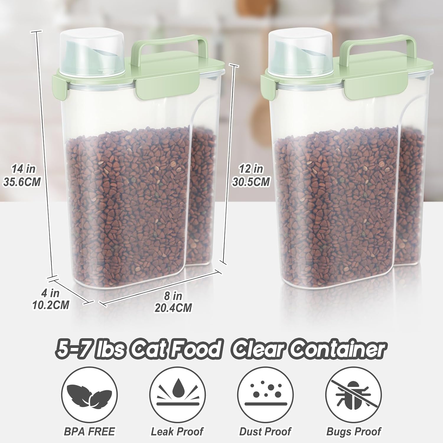 5-7Lbs Dog Cat Food Storage Container with Upgraded Large Nozzle BPA-free, 4 Snap Seals Plastic Pet Food Storage Containers with Handles (Light Green, 5L-3pack)