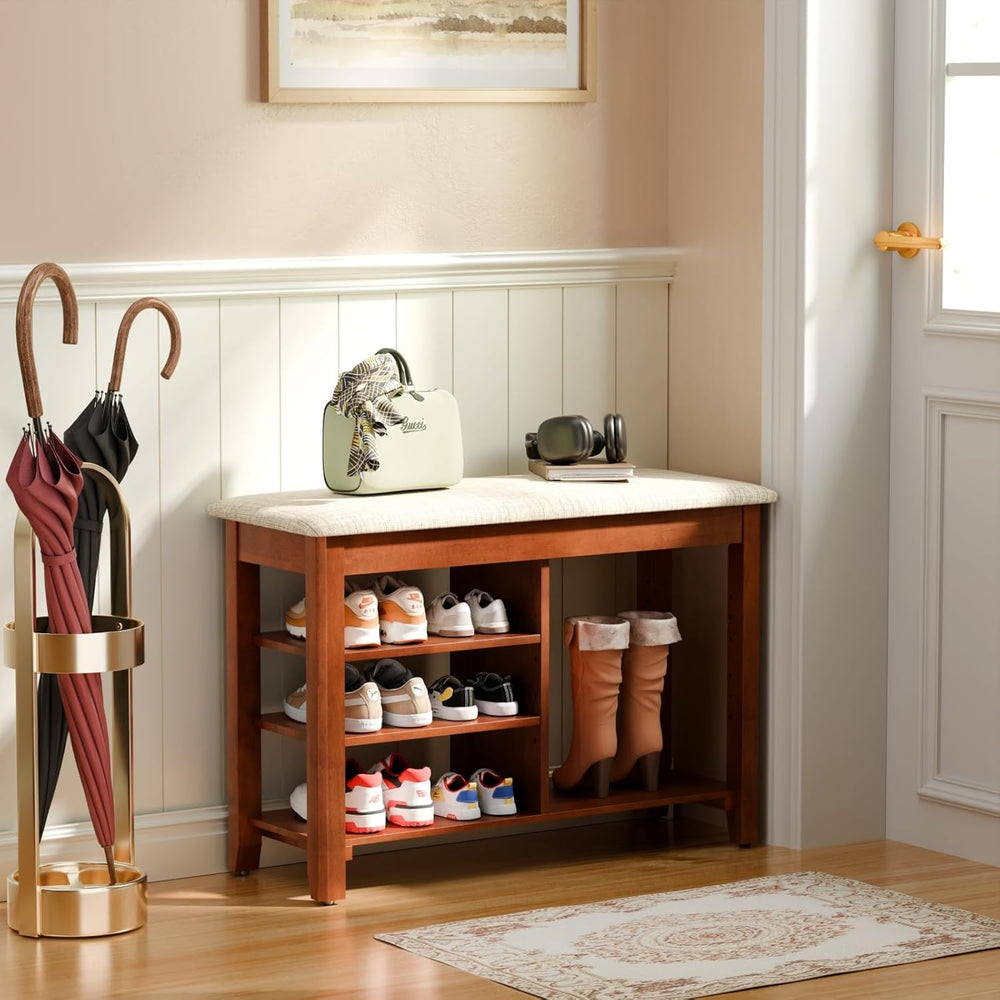FAGAGA Shoe Rack Bench with Cushioned Seat, Solid Wood Entryway Bench with Fl...