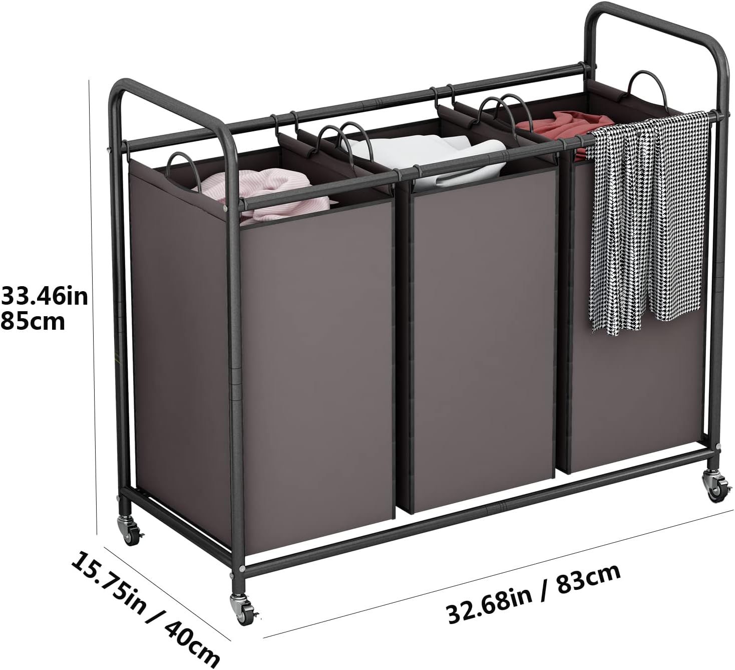 LINZINAR 3-Bag Laundry Sorter,Laundry Hamper Cart with Heavy Duty Rolling Lockable Wheels and Removable Bags (Brown)