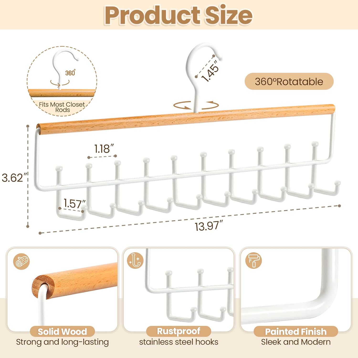 Tie Rack Hanger for Closet Upgraded 2-in-1 Tie and Belt Hanger Non Slip Tie Rack with 20 Hooks Tie Hanger Space Saving Wooden Belt Tie Organizer for Tank Tops Bras Cami Scarves, Wooden