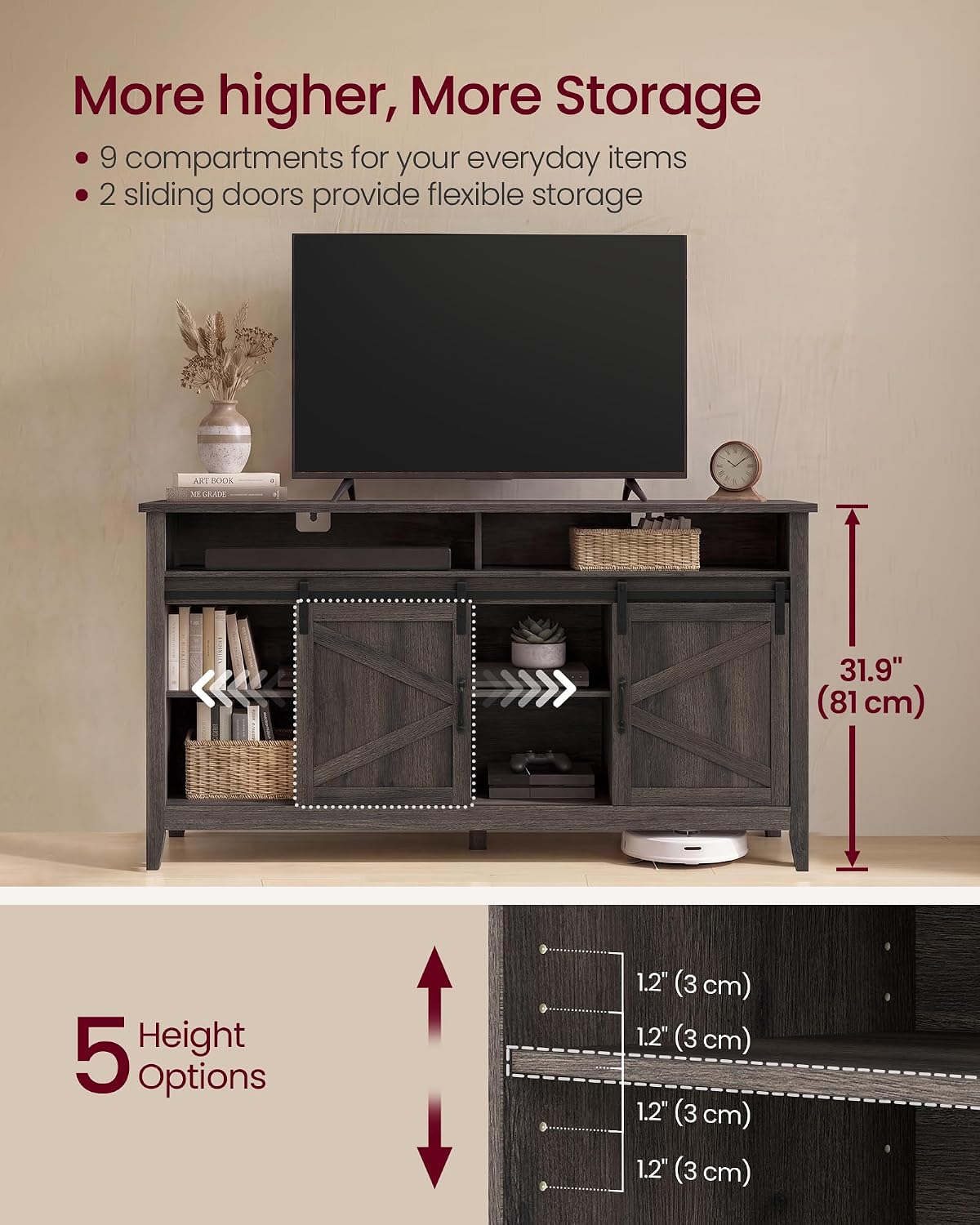 VASAGLE Tall Farmhouse TV Stand, Entertainment Center with Barn Doors, Storage Media Console Cabinet for Living Room, Bedroom, 58.3 x 15.7 x 31.9 Inch, Taupe Brown, LIRY Collection ULTV031T101S