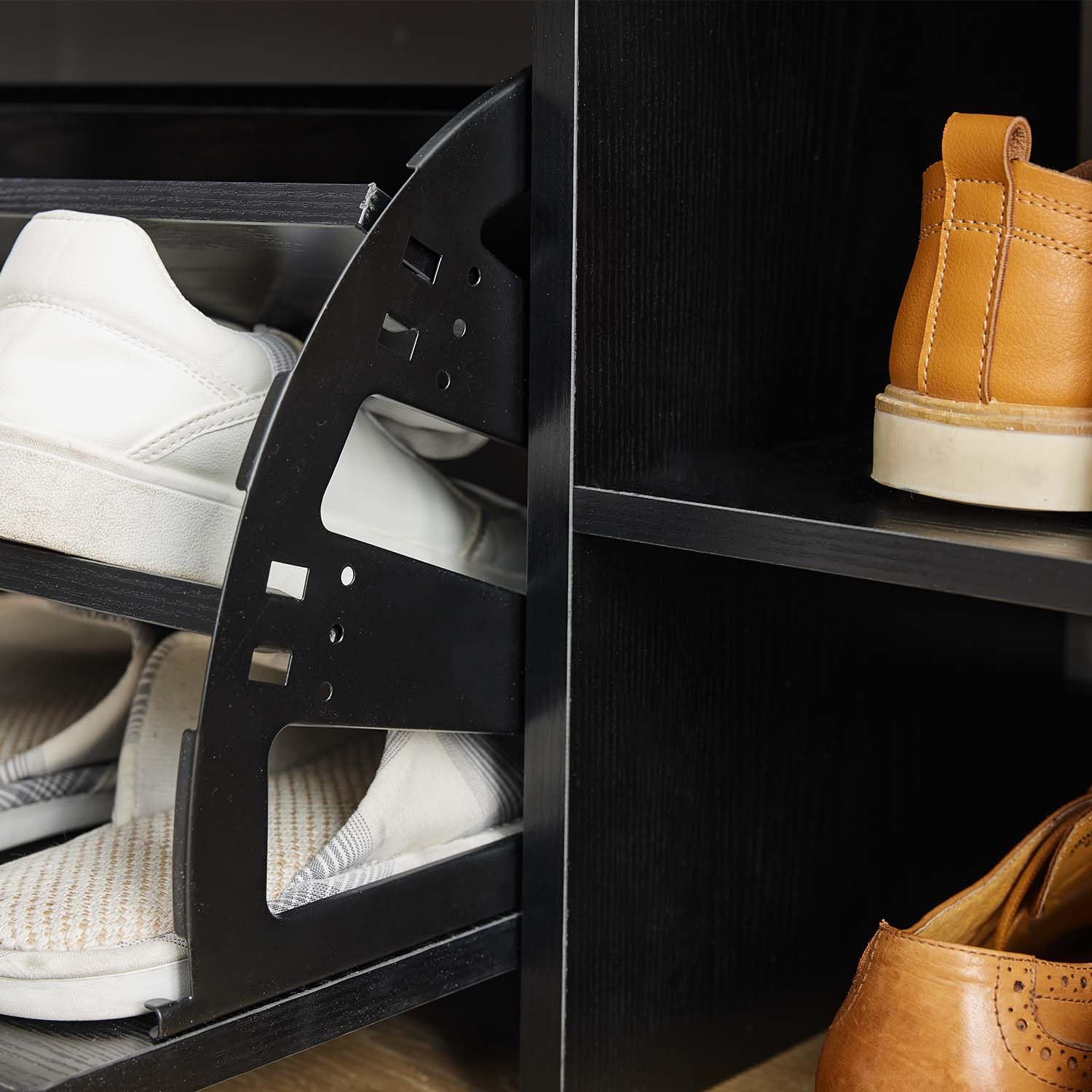 Shoe Storage Bench with a Flip Drawer, Entryway Bench with Removable Cushion, Hallway & Mudroom Organizer with Seat, Front Door Shoe Rack Cabinet, Black