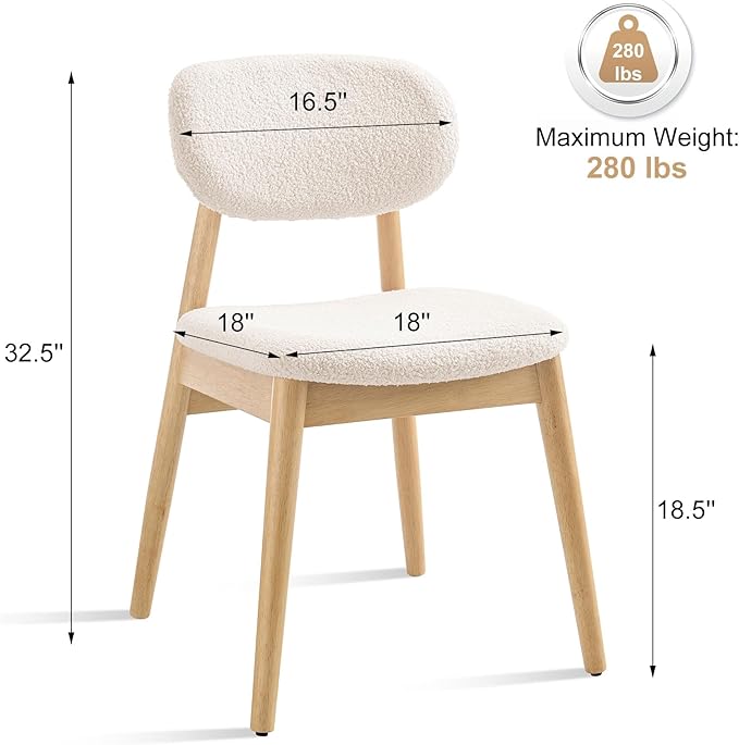 Wooden Dining Chairs Set of 4, Farmhouse Boucle Upholstered Kitchen Chairs, White