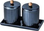 Qtip Holder Bathroom Set with Tray(3PCS) - 2 Piece 12 oz Blue Apothecary Jar Canister with Lid and 1 Pack Ceramic Vanity Tray