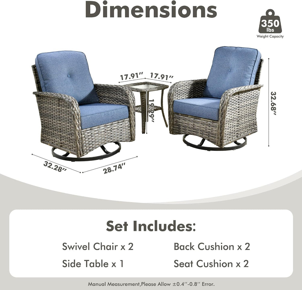 CAODOC 3-Piece Swivel Rocking Rattan Chair Outdoor, Patio Bistro Furniture Co...