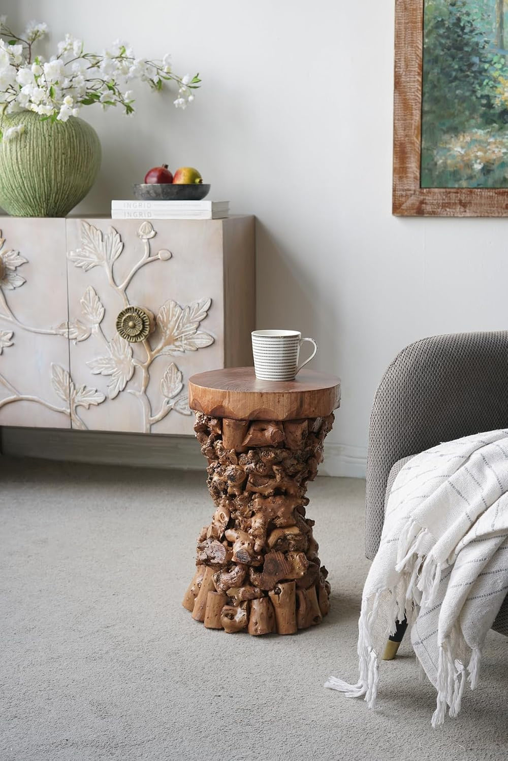 WILLIAMSPACE 11.8" Solid Wood Side Table with Organic Tree Root Base, Mo...