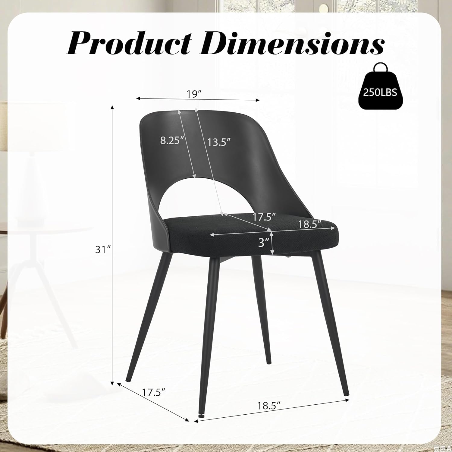 HENGJIANYI Modern Dining Chairs Set of 2, Armless Kitchen Chairs with Hollowed-Out Plastic Back, Upholstered Dining Room Chair with Metal Legs, Black