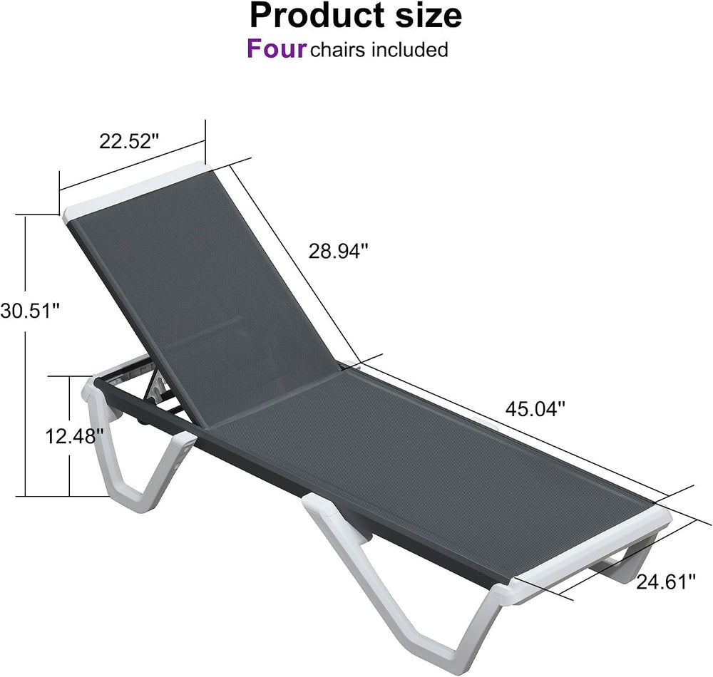 PURPLE LEAF Lounge Chair Outdoor Set of 4 Chaise Lounge w/Wheel, Dark Grey | ...