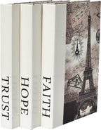 Decorative Books for Decor, Contemporary Faux PU Leather and Wooden Storage Boxes Set of 3, Vintage Keepsake Box for Home, Living Room, Shelves (Faith Hope Trust, Eiffel Tower, Paris)