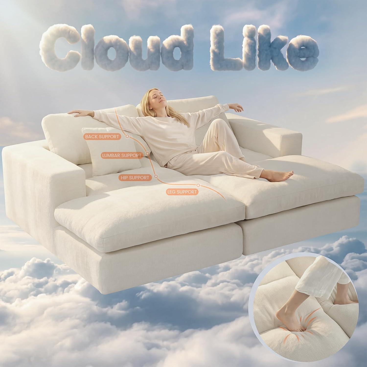 81" Oversized Double Chaise Lounge, Cloud Boneless Sofa Bed, Beige | 59" Deep Seat Couch, Modular Oversized Loveseat, Soft Cloud Sofa, 4 Pillows, 10" Wider Armrests, Chaise Lounge Chair Indoor