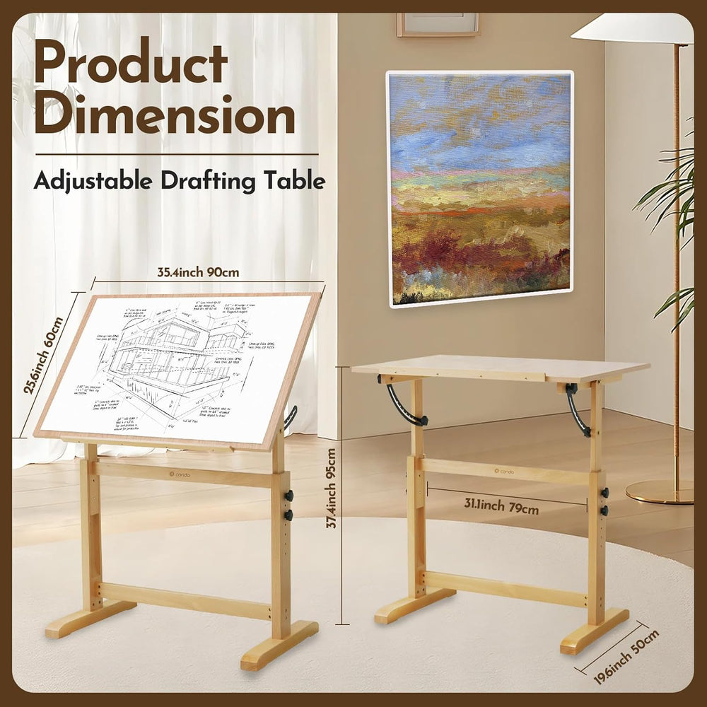 conda Wood Drafting Table - Adjustable Height, 35.5"x23.5" Plan Tab...
