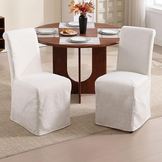 Slipcovered Dining Chairs Set of 6, Parsons Dining Chair with Removable Skirte Upholstered Linen Fabric Kitchen Chairs for Dining/Living Room, Banquet, Solid Wood, Beige