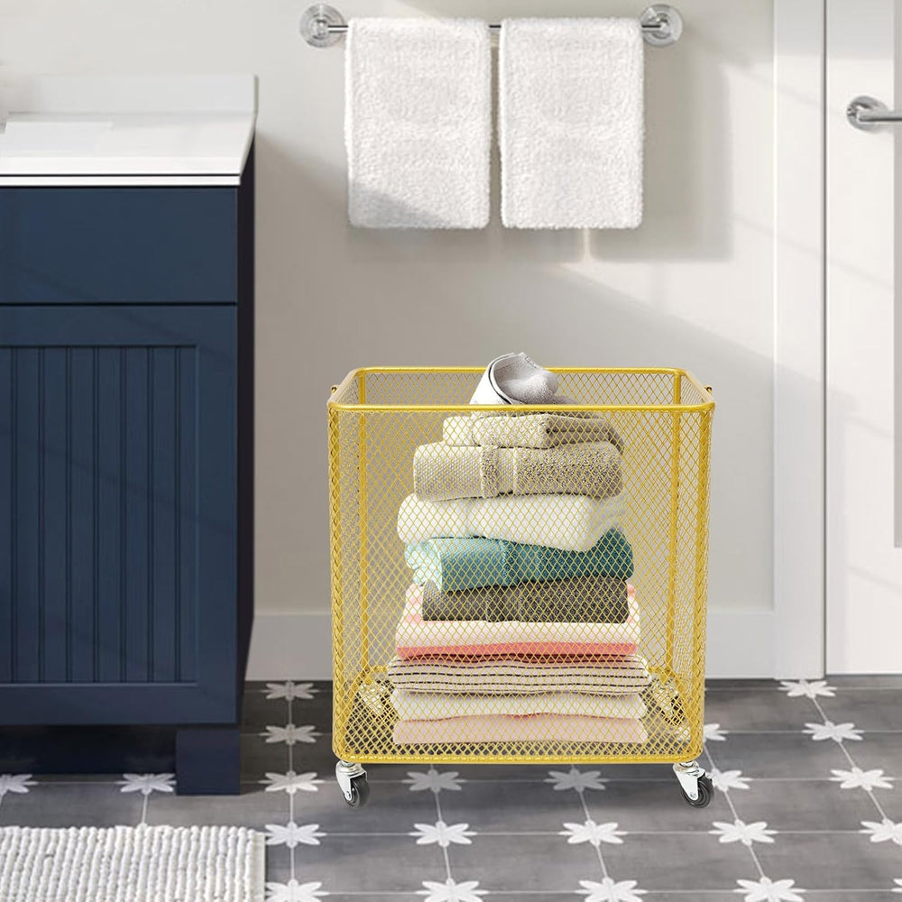 Metal Storage Cart Rectangular Mesh Wire Rolling Laundry with Ring Handles, G...