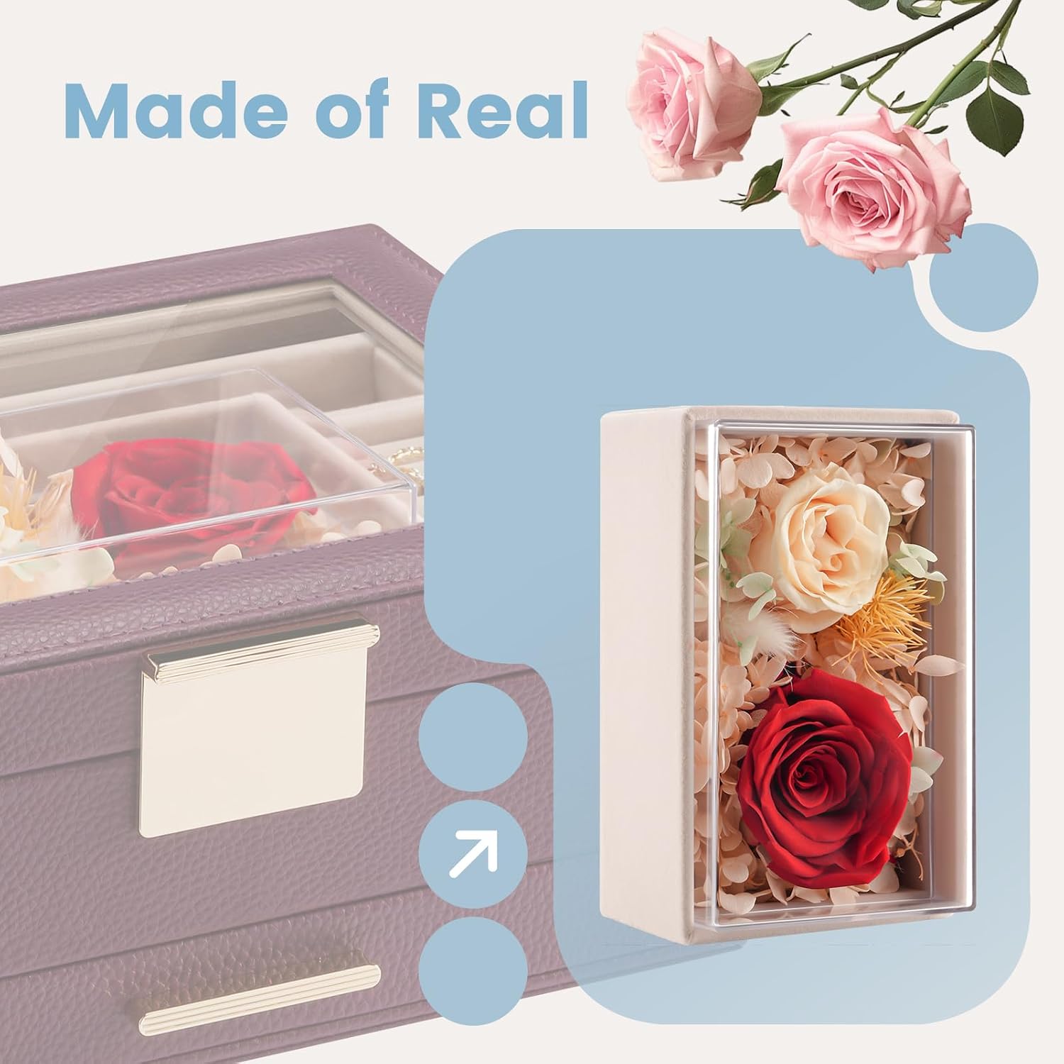 Lolalet Jewelry Organizer with Glass Lid, 2-Layer Jewelry Box Case with Drawer, Earrings Watch Ring Display Storage -Wine Red