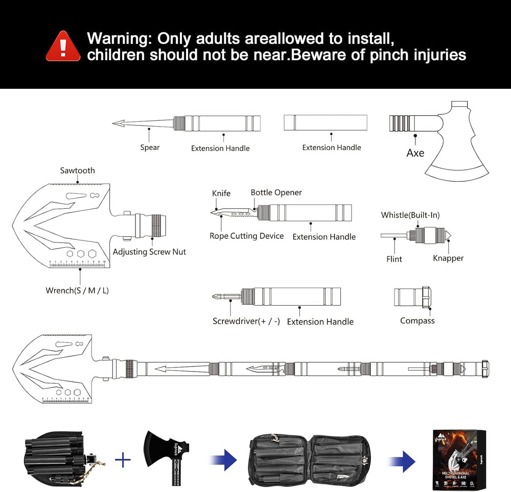 Survival Shovel High Carbon Steel Tactical Shovel Axe Folding Entrenching Too...