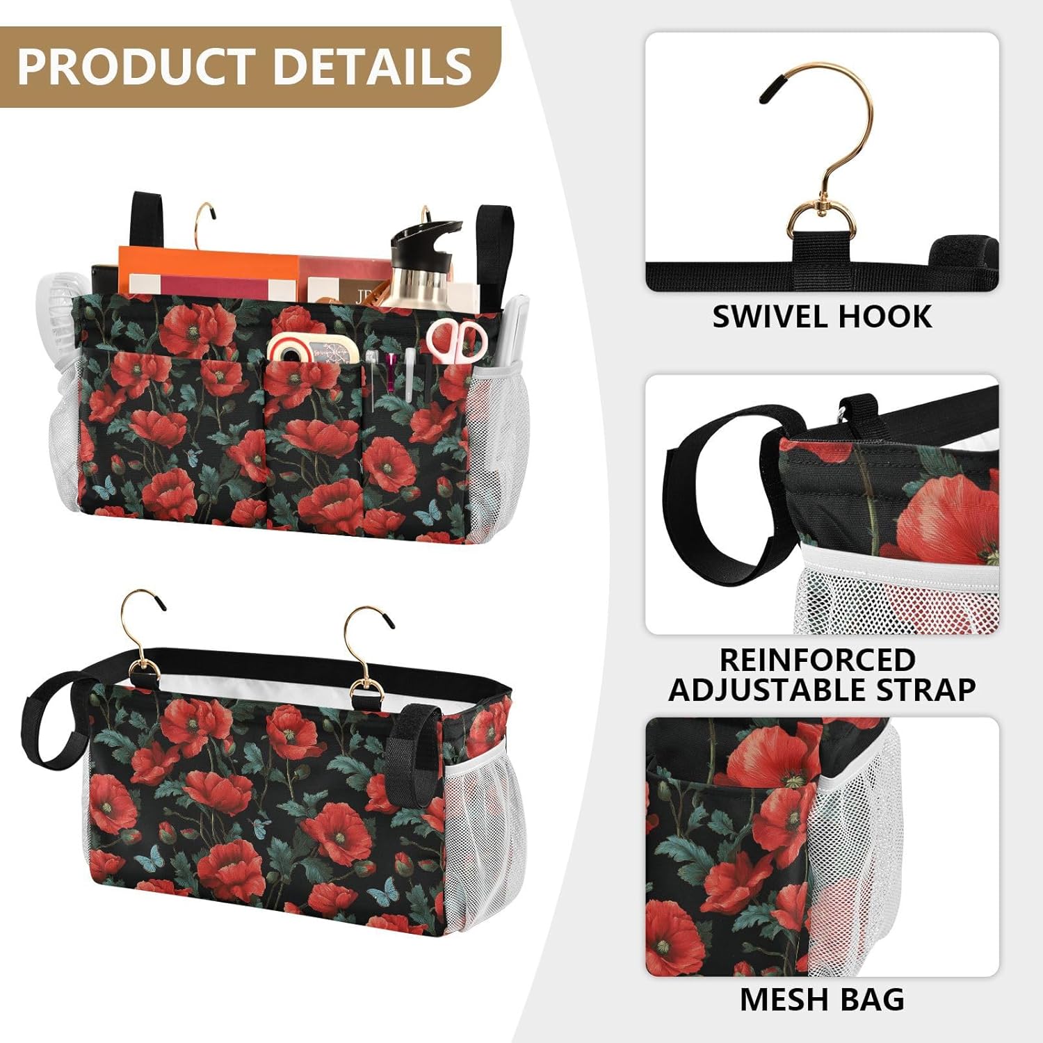 Poppy Butterfly Leaf Bedside Caddy for Dorm Bed Bedside Hanging Caddy Bag Iron Frame Storage Organizer Pocket for Bunk Home College Hospital Beds 2 Hooks
