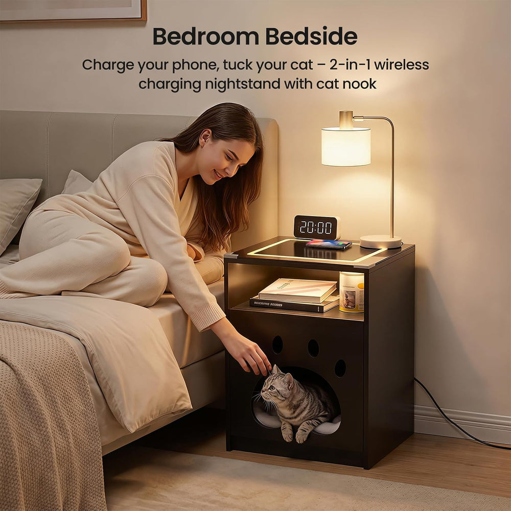Cat House Night Cabinet with Charging Station & LED Lights, Modern Wooden...