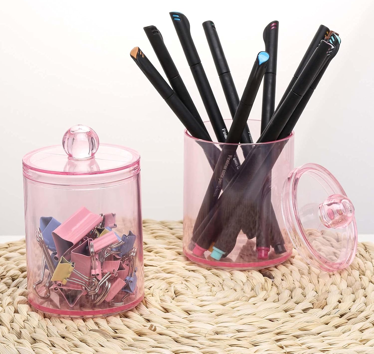 Tbestmax 4 pcs Qtips Holder Bathroom Container, 10 OZ Apothecary Jar, Pink Cotton Ball/Swabs Dispenser Organizer for Storage