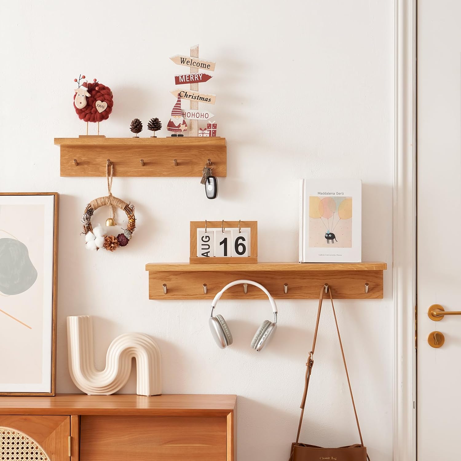 Oak Wood Coat Rack Wall Mount With Shelf 20 Inch Long, 5 Hooks, Floating Entryway Wall Shelf for Bathroom, Hallway, Living Room