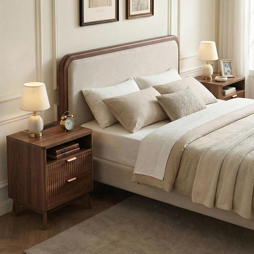 LYNCOHOME Fluted Nightstand with Charging Station, 19.7 inch Wide End Table w...