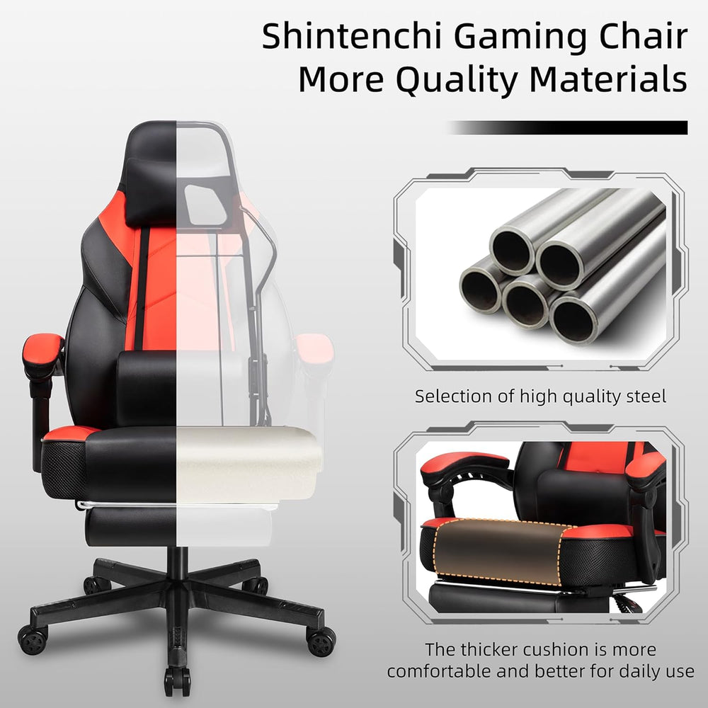 Shintenchi Gaming Chair with Footrest, Massage Lumbar Support, Height Adjustm...