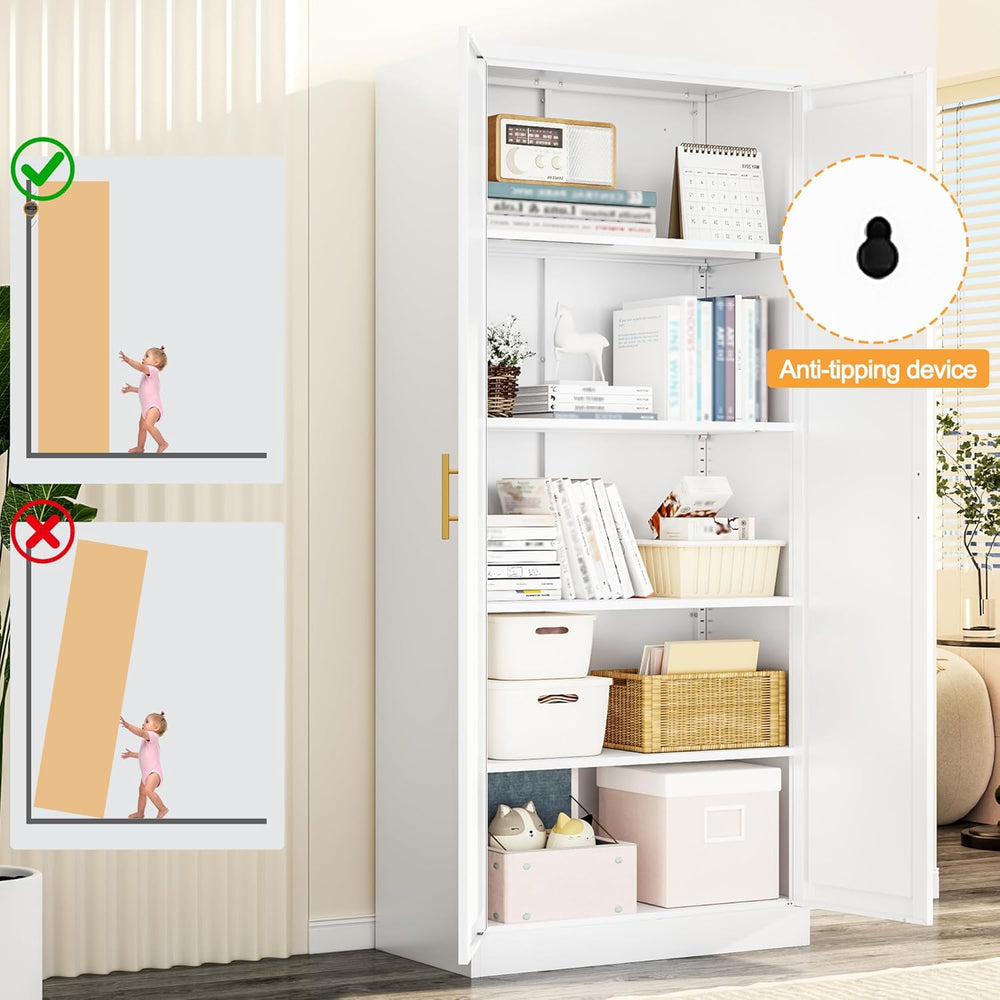 71" Tall White Metal Pantry Cabinet, Freestanding Storage Cupboard with ...