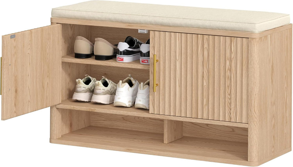 Fluted Shoe Storage Bench, Entryway Bench with Adjustable Shelves | Hidden Sh...