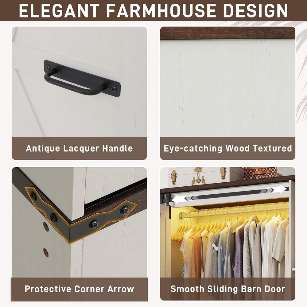 Farmhouse 3 Doors Armoire Wardrobe Closet w/Folding Sliding Barn Door and Lig...