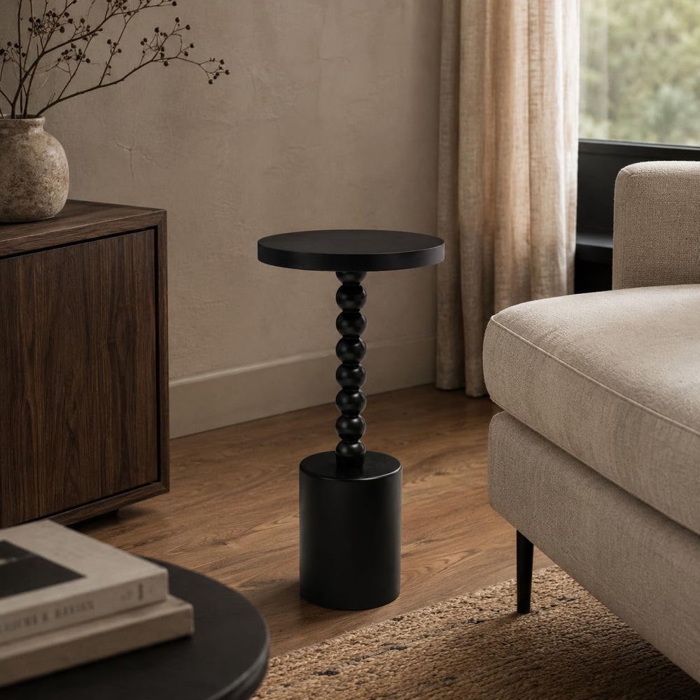 COZAYH Black Wood End Table with Round Top and Decorative Beaded Pedestal, Mo...