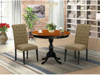 East West Furniture AMBA3-BCH-05 3 Piece Kitchen Table Set for Small Spaces Contains a Round Dining Table with Pedestal and 2 Grey Linen Fabric Parson Chairs, 36x36 Inch, Black & Cherry