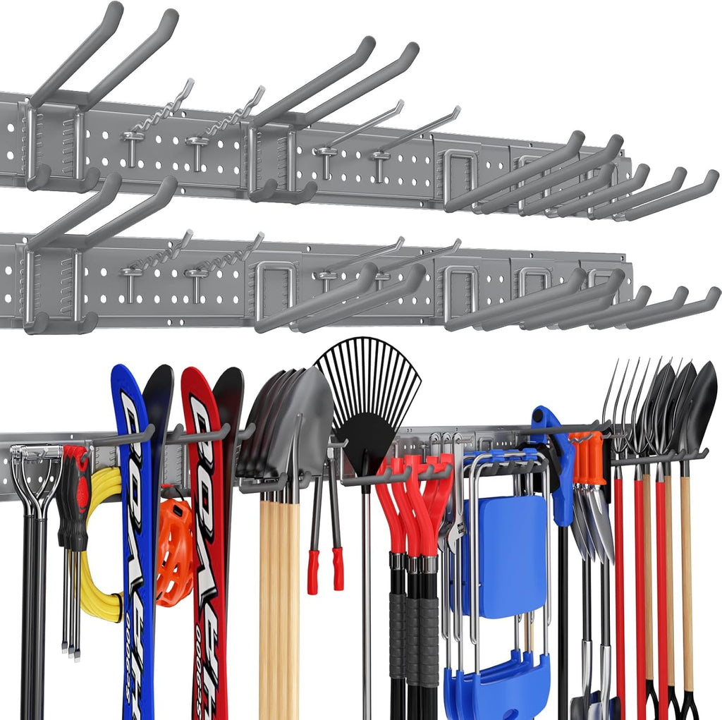 Garage Tool Organizer Wall Mount 96 inches with 18 Adjustable Heavy-Duty Hooks, Garage Organization, Garden Tool Storage Rack, Yard, and Shed, Holds Up to 750 lbs (Grey)